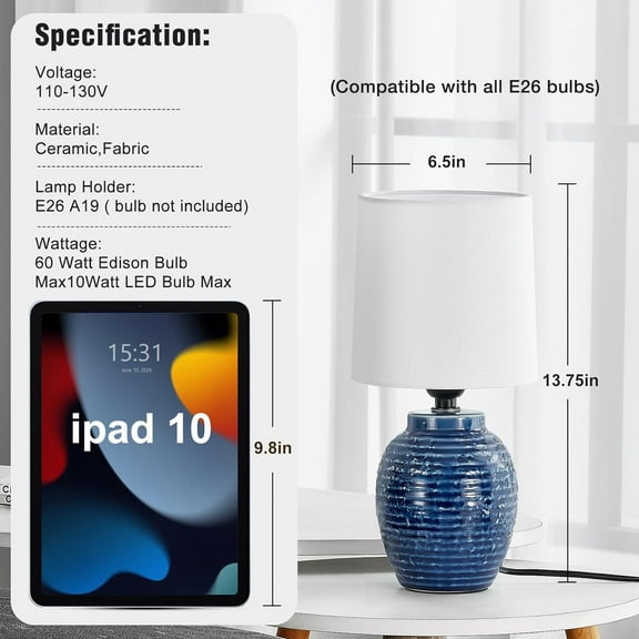 Classic Farmhouse Ceramic Table Lamps Set of 2 - Small Bedside Lamps for Bedroom, Living Room, Office