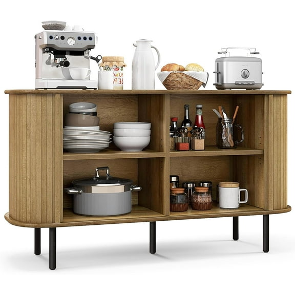 LOKO Kitchen Sideboard Buffet Cabinet, Credenza Storage Cabinet with Sliding Tambour Doors, Adjustable Shelves, Mid Century Modern Console Table for Living Room, Entryway