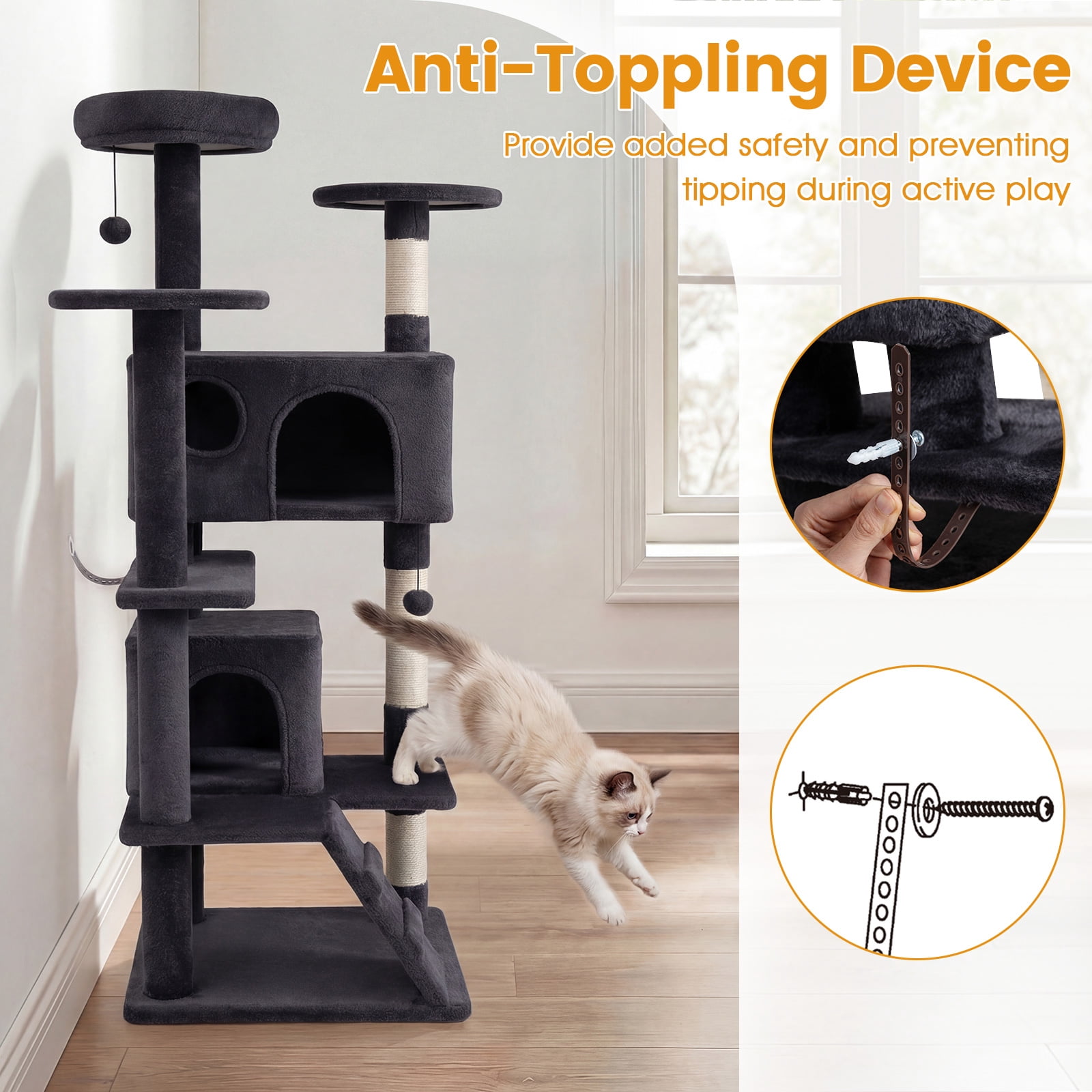 Gymax 52'' Tall Cat Tree Tower w/2 Condos Plush Padded Perch Sisal Scratching Posts Dark Gray