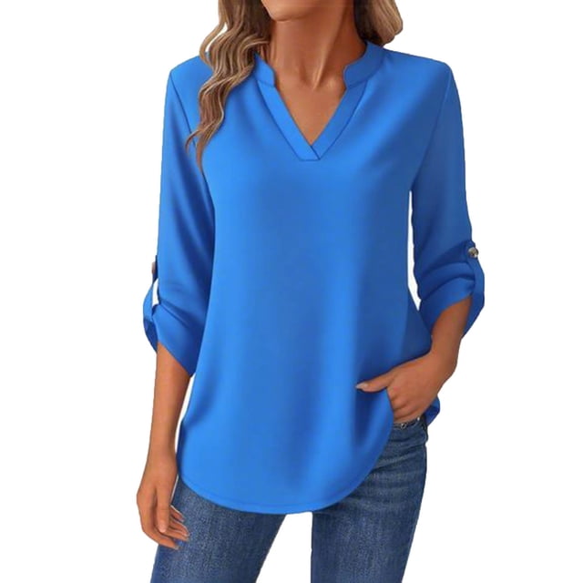 Tops de otoño para mujer,Camisa de manga larga con cuello en V y botones para mujer, blusa informal de poliéster, cómoda para usar en el trabajo o en casa, sopatenor