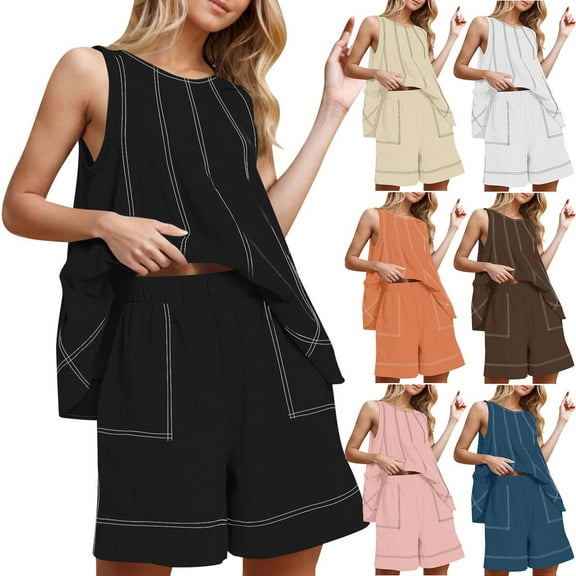 QATAINLAV Gifts for Girls! Women's Summer Cotton Linen 2 Piece Outfits Casual Contrast Stitching Sleeveless Tank Tops with Lounge Shorts for Summer Beach Vacation Black L