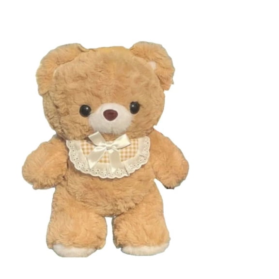 Kawaii Brown Bear Plush Toy with Lace Gingham Bib & Bow, Cute Cottagecore Stuffed Animal Doll, Soft Fluffy Teddy Bear Plushie for Kids Girls Home Decor Birthday Gift