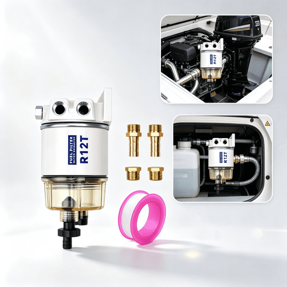 R12T Marine Fuel Water Separator Filter Kit, 10 Micron Filter for Outboard Gasoline & Diesel Engines, Replacement for S3240 120AT 18-7987, Comes with Fittings & Plugs