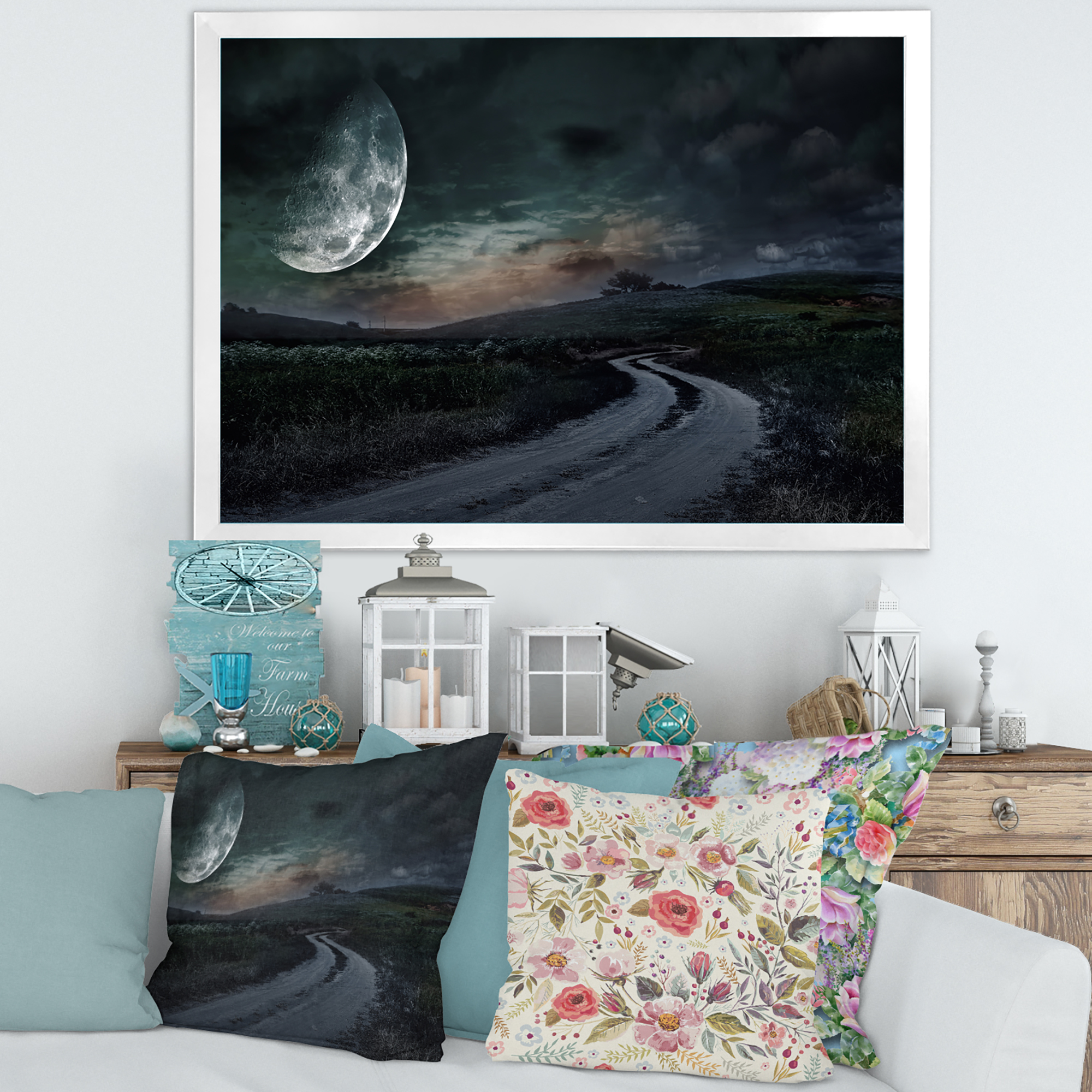 Designart 'The Meadow Under Full Moon With Rural Road Through ' Nautical & Coastal Framed Art Print
