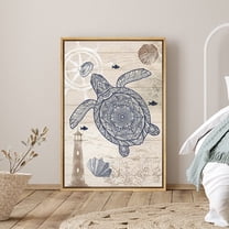 PixonSign Framed Canvas Print Wall Art Sea Turtle, Clam and Lighthouse Animals Ocean Illustrations Modern Art Nautical Relax/Calm Blue Duotone for Living Room, Bedroom, Office - 24"x36" Natural