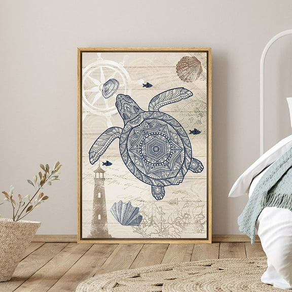PixonSign Framed Canvas Print Wall Art Sea Turtle, Clam and Lighthouse Animals Ocean Illustrations Modern Art Nautical Relax/Calm Blue Duotone for Living Room, Bedroom, Office - 24"x36" Natural