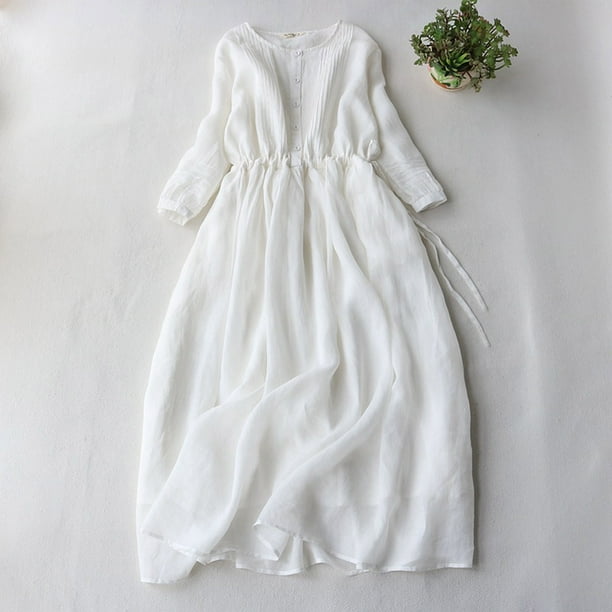 Puntoco Vestido Retro De Algodón Y Lino Con Cuello Redondo De Doble Capa Con Cordones En La Cintura Para Viajes Y Vacaciones Vestido De Manga Corta Con Cuello Redondo Blanco L