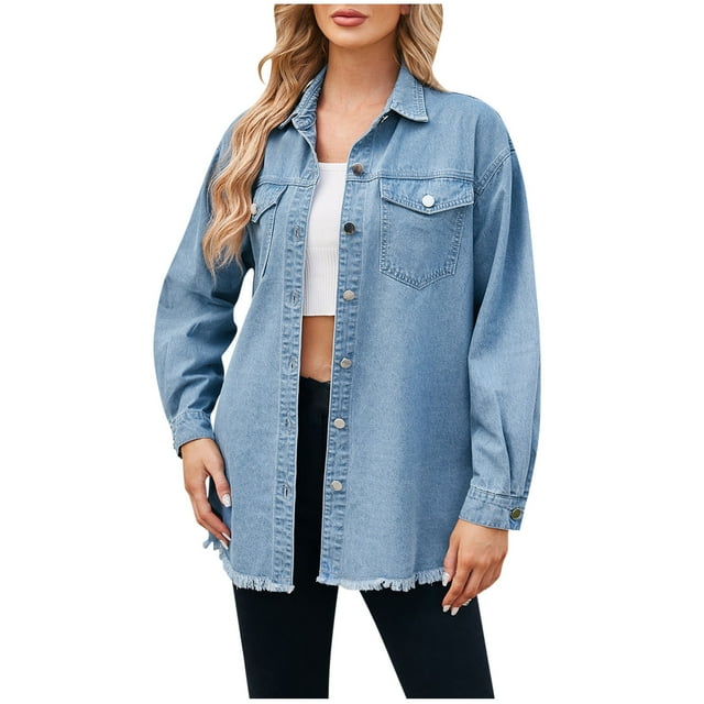 Yuyuzo Denim Jacket for Women Washed Lapel Button down Oversized Boyfriend Jean Jacket with Pockets