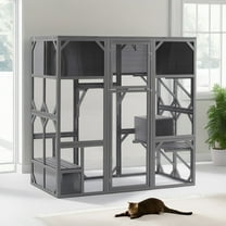 Pefilos 67" Cat House Outdoor Catio Kitty Enclosure with Enter Door, Wood Cat Cage Condo Indoor Playpen with Platforms and Small House, Gray