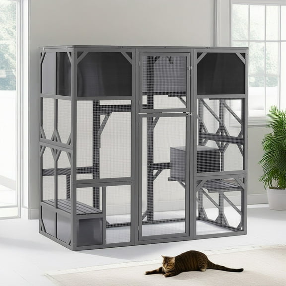 Pefilos 67" Cat House Outdoor Catio Kitty Enclosure with Enter Door, Wood Cat Cage Condo Indoor Playpen with Platforms and Small House, Gray