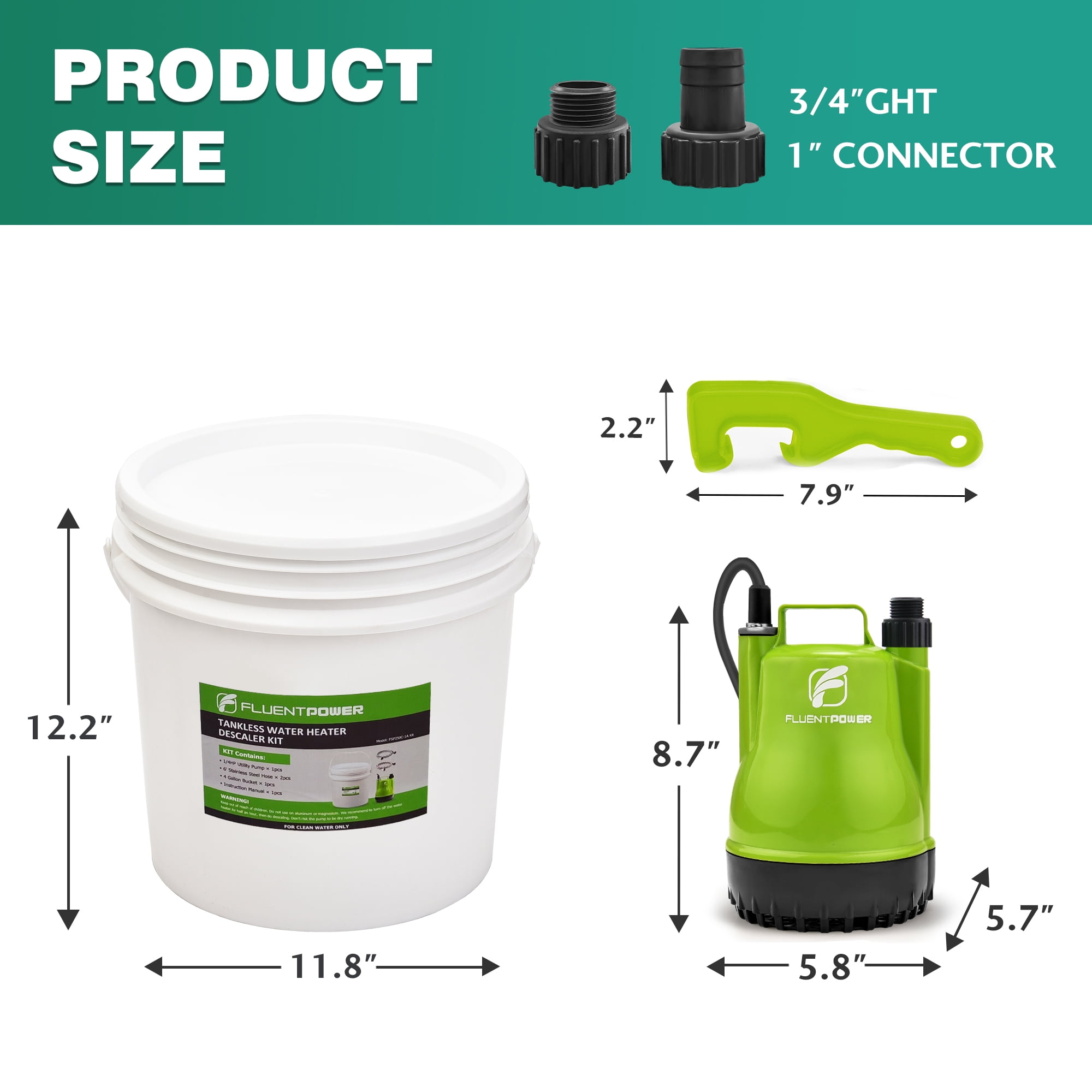FLUENTPOWER Tankless Water Heater Descaling Flush Kit, Includes 1/4HP Submersible Utility Water Pump with Adapters, 4 Gallon Pail with Bucket Lid Opener, Two 3/4"GHT x 6' Stainless Steel Hoses