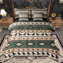 Homewish Retro Rustic Aztec 7pcs Bedding Comforter Set,Western Farmhouse Horse Queen Bedding Sets,Beige Green Black Queen Sheet Sets For Men Women,Breathable Home Decor Reversible