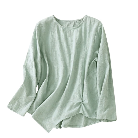XPMWRP Linen Shirts for Womens Crew Neck Long Sleeves Solid Color Loose Fashion Casual Comfy T-Shirt Blouse Pullover Tops Green L