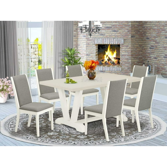 East West Furniture V-Style 7-piece Wood Dining Set in Linen White/Shitake