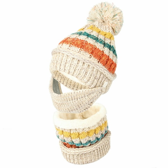 WITHMOONS Knit Fairs Isle Nordic Bobble Pom Beanie Hat DZX0024 (Beige)