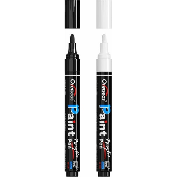 Overseas White & Black Paint Pens Paint Markers - Permanent Acrylic Markers 2 Pack, Water Based, Quick Dry, Waterproof Paint Marker Pen for Rock, Wood, Plastic, Metal, Canvas, Glass, Mugs. Medium Tip