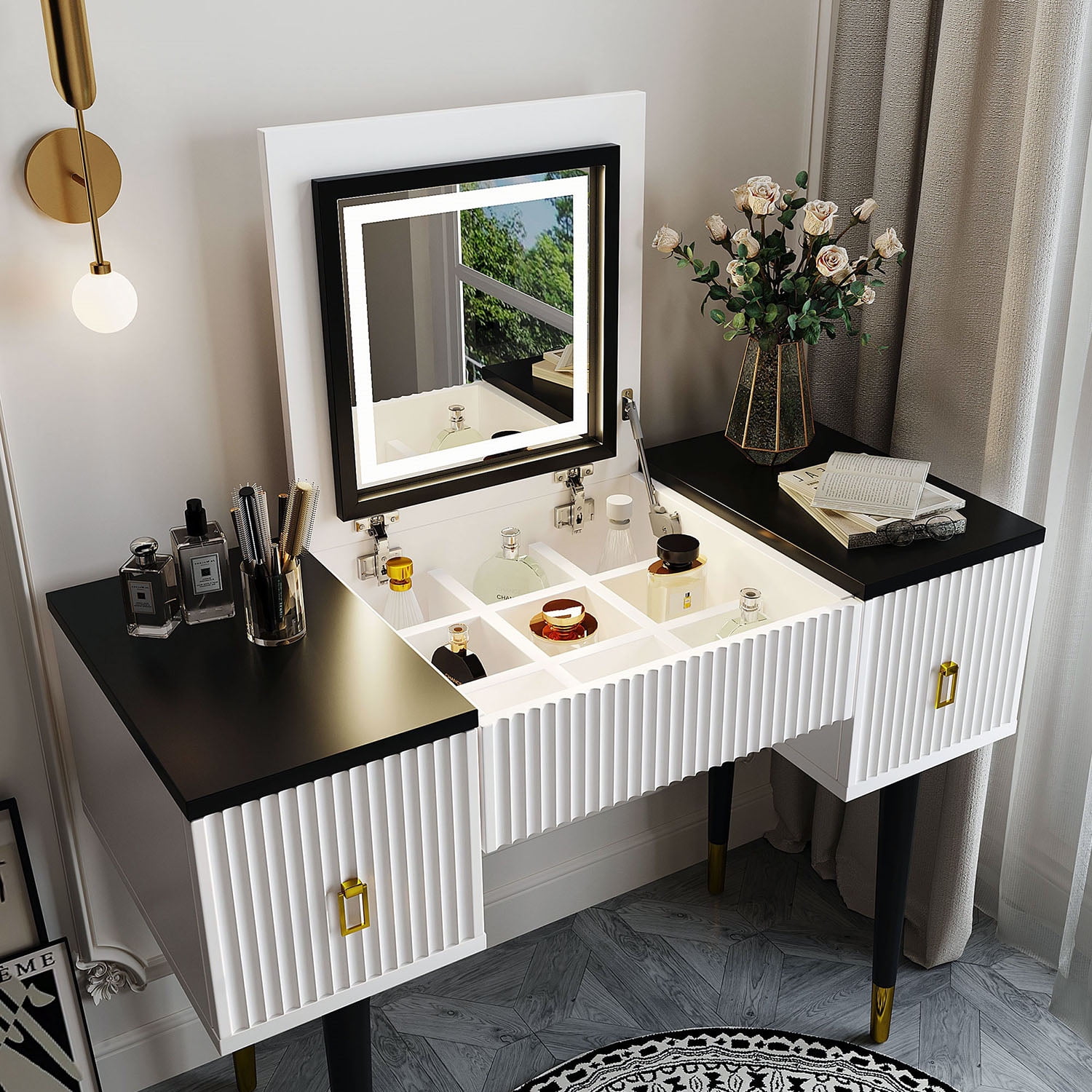 Kadyn 43.3" Modern Vanity Table Set with Flip-top Mirror and LED Light, Dressing Table with Customizable Storage, Black White