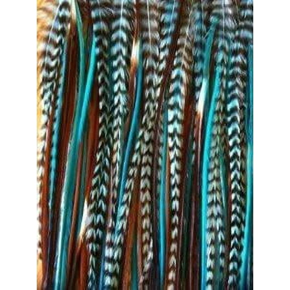 Sexy Secret Genuine Feather Hair Extension , Genuine Grizzly, Browns Extension for Hair Extension Natural Rooster Feathers - 5 Feathers 6-10 Turquoise