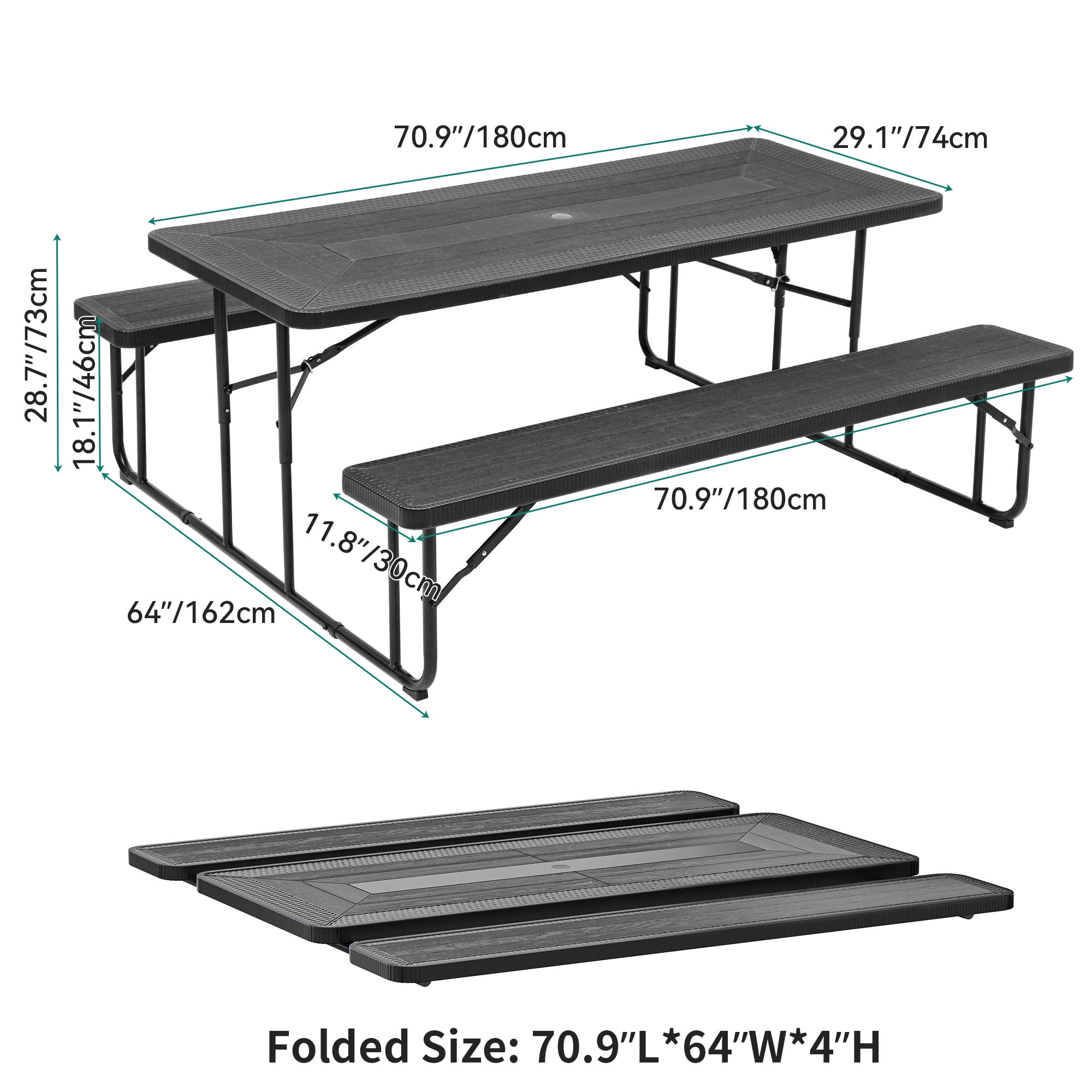 Dextrus Rattan Texture Folding Picnic Table, 6FT Outdoor Table with Durable Tabletop & Sturdy Steel Frame, Built-in Umbrella Hole for Yard, Patio, Lawn Gatherings, Black