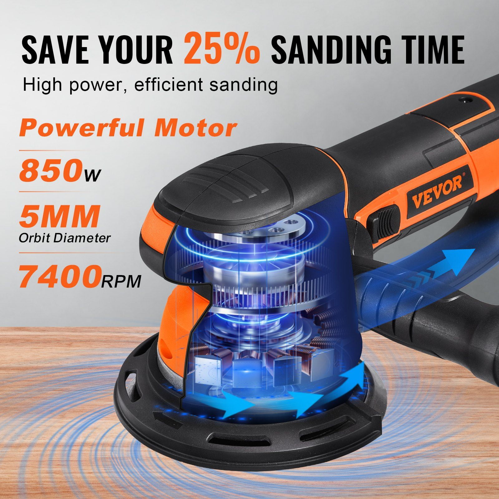 6 Inch Dual Action Random Orbital Sander 850W 7400RPM Variable Speed Electric Palm Sander with 10 Sandpapers Dust Connector for Woodworking Detailing