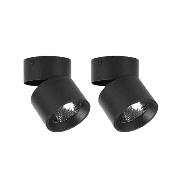 2 lámparas led de techo luminario foco led dirigible 4000k par de focos negros de superficie, vista 3/4, cuerpos cilíndricos en aleación de aluminio con base circular y cabezal orientable, reflector facetado visible, 15W 110V 2000LM, diseño minimalista LAB.G; ideal para iluminación puntual en pasillos o zonas de trabajo.