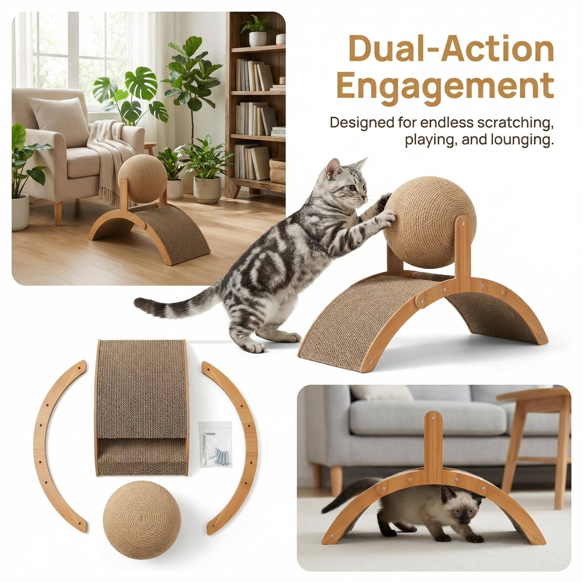 Cat Scratching Ball on Stand, Solid Wood Interactive Cat Scratcher with Arch Bridge & 360° Rotating Ball – Durable Cats Toy for Indoor Cats & Kittens, Prevents Furniture Damage (21.6 * 8.8 * 15.7in)