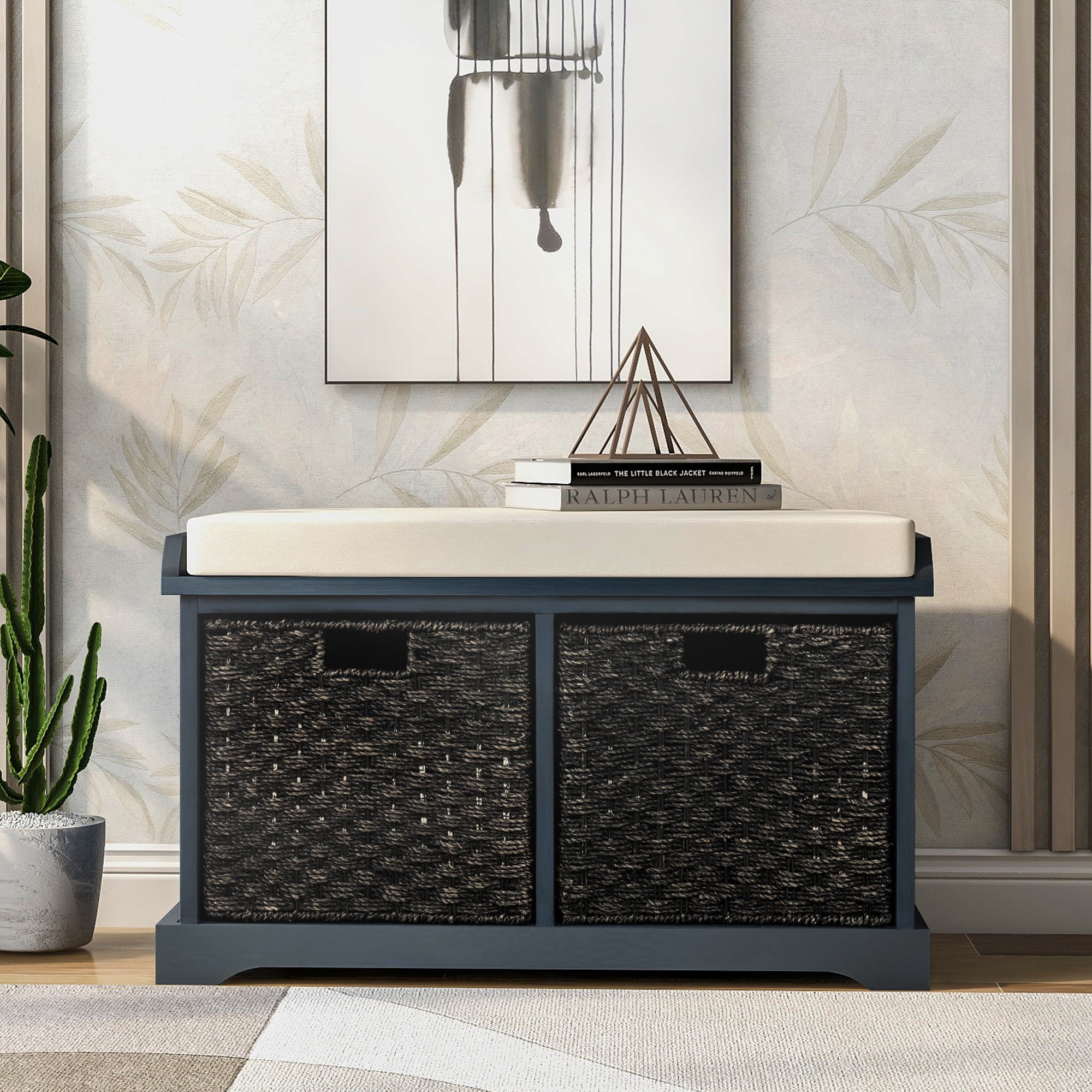 Kepooman Rustic Wooden Storage Bench with 2 Removable Fabric Basket & Removable Cushion for Entryway, 33"L x 15.7"W x 18.3"H, Antique Navy Kepooman Rustic Wooden Storage Bench with 2 Removable Fabric Basket & Removable Cushion for Entryway, 33"L x 15.7"W x 18.3"H, Antique Navy