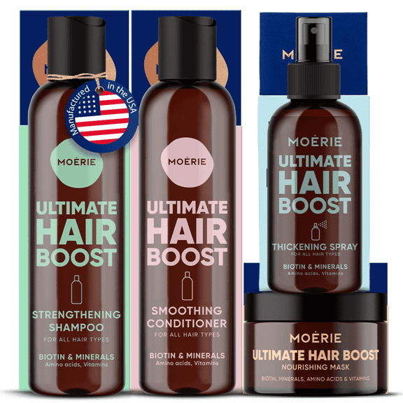 Moerie Shampoo, Conditioner, Hair Mask & Spray Set – 4-in-1 Mega Pack for Fuller-Looking, Healthy-Looking Hair – Paraben & Silicone Free