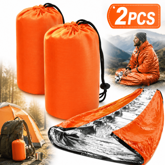 2 Pack Emergency Sleeping Bag, Mylar Emergency Blanket, Waterproof Lightweight Survival Shelter Blanket, Portable Survival Thermal Bivy Sack for Outdoor Camping Hiking Adventure
