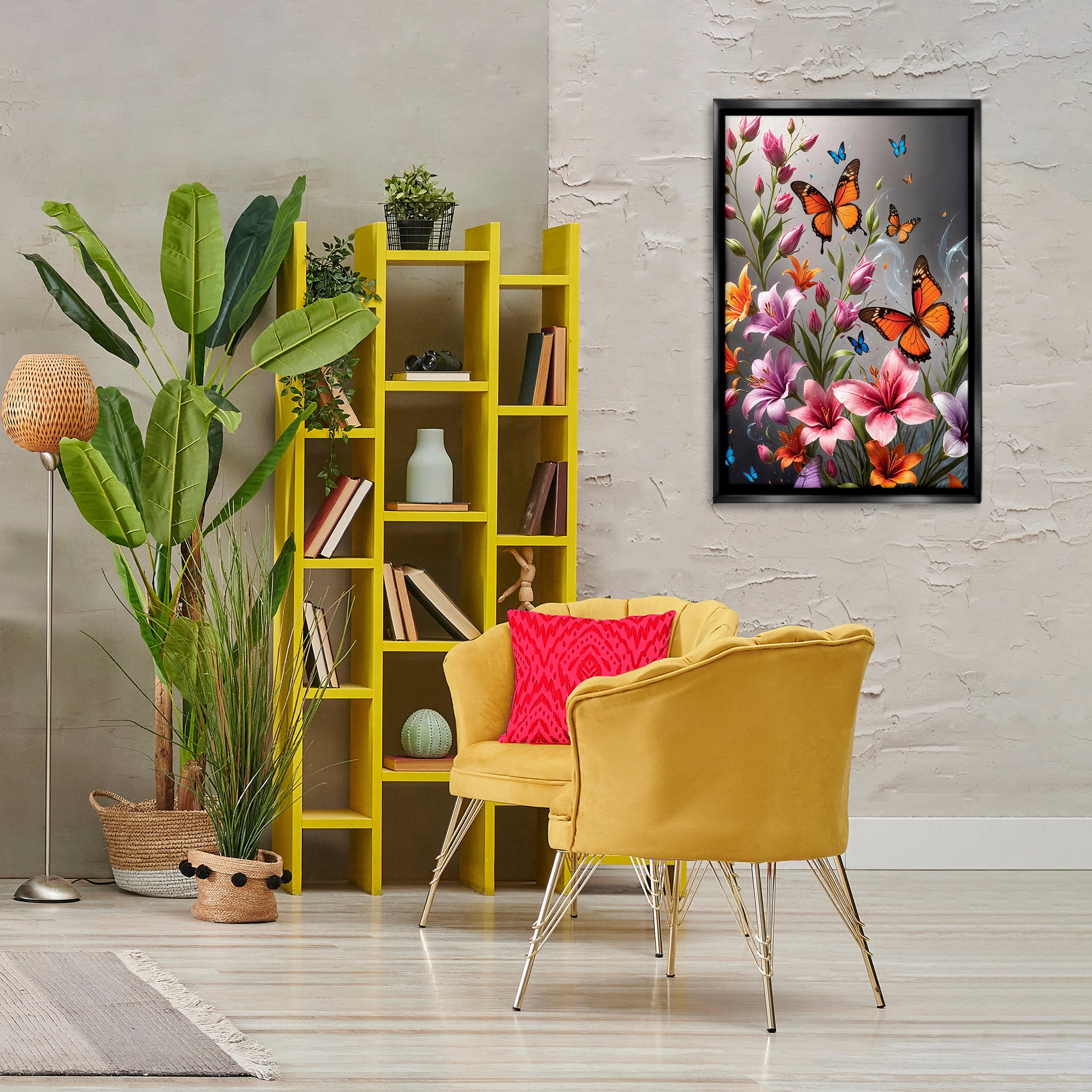 Stupell Industries Monarch Butterflies & Lilies Animals Painting Black Floater Framed Canvas Art Print Wall Art, 21 x 31