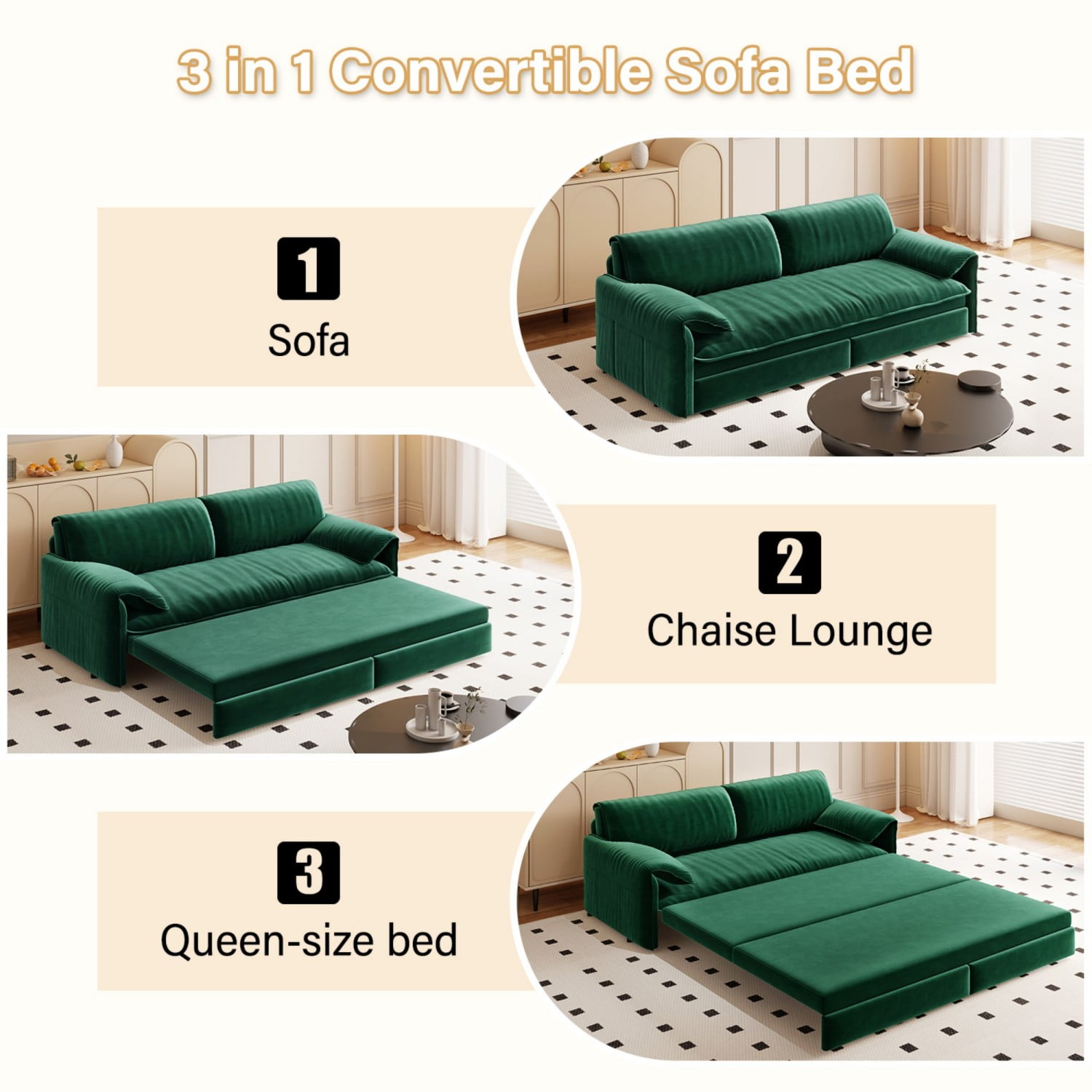 66" Queen Pull Out Sofa Bed, 3-in-1 Convertible Sleeper Sofa with Side Storage,Multi-Functional Velvet Loveseat Bed for Living Room,Bedroom,Apartment,Office.Green