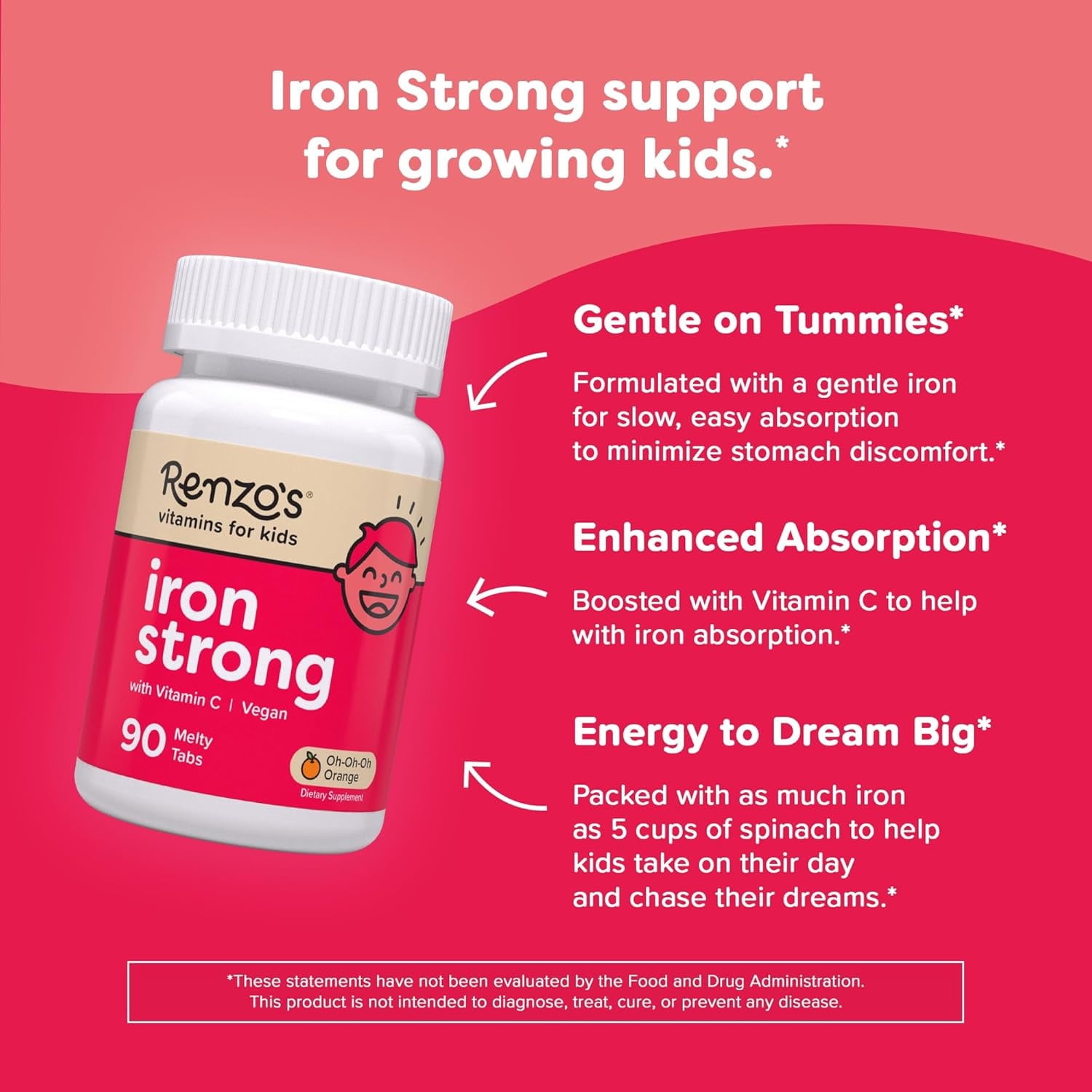Renzo’s Iron with Vitamin C for Kids, Sugar-Free, Vegan Melty Tabs, Immune Support, 90 Tablets