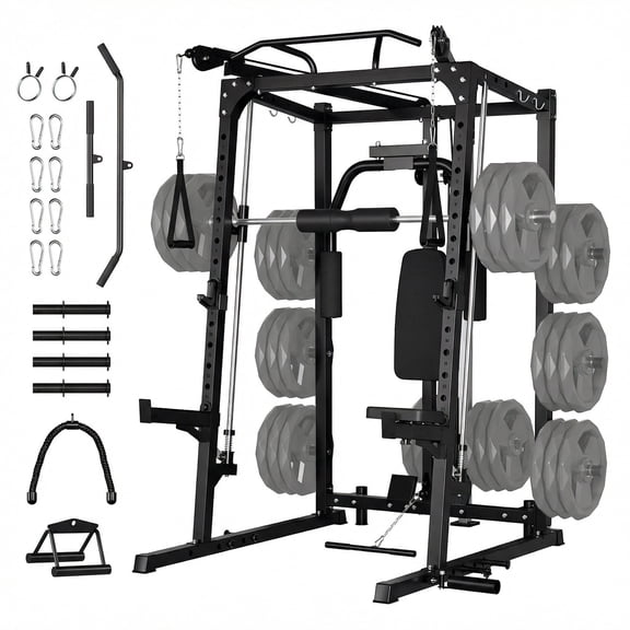 GARVEE Smith Machine Home Gym,2000 lbs Multi-Function Power Cage Cable Crossover System Strength Training Equipment,Lat Pulldown Machines with 8 Weight Storage Pin,T-Bar and More Training Attachments