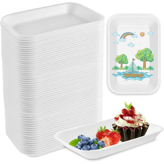 60 Pcs Crafts Foam Trays, White Foam Supermarket Disposable Poultry Meat Fruit Trays, BBQ Grill Roast Food Plates, Rectangle DIY Craft Painting Trays for Printmaking DIY Handicraft (8 x 4.7 x 1 in)