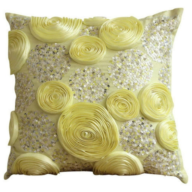Pillow Case Zip, Yellow Throw Pillow Cover, Ribbon Rose Flower & Sequins Floral Theme Throw Pillow Cover, 14x14 inch (35x35 cm) Throw Pillow Cover, Silk Pillow - Creamy Yellow Roses