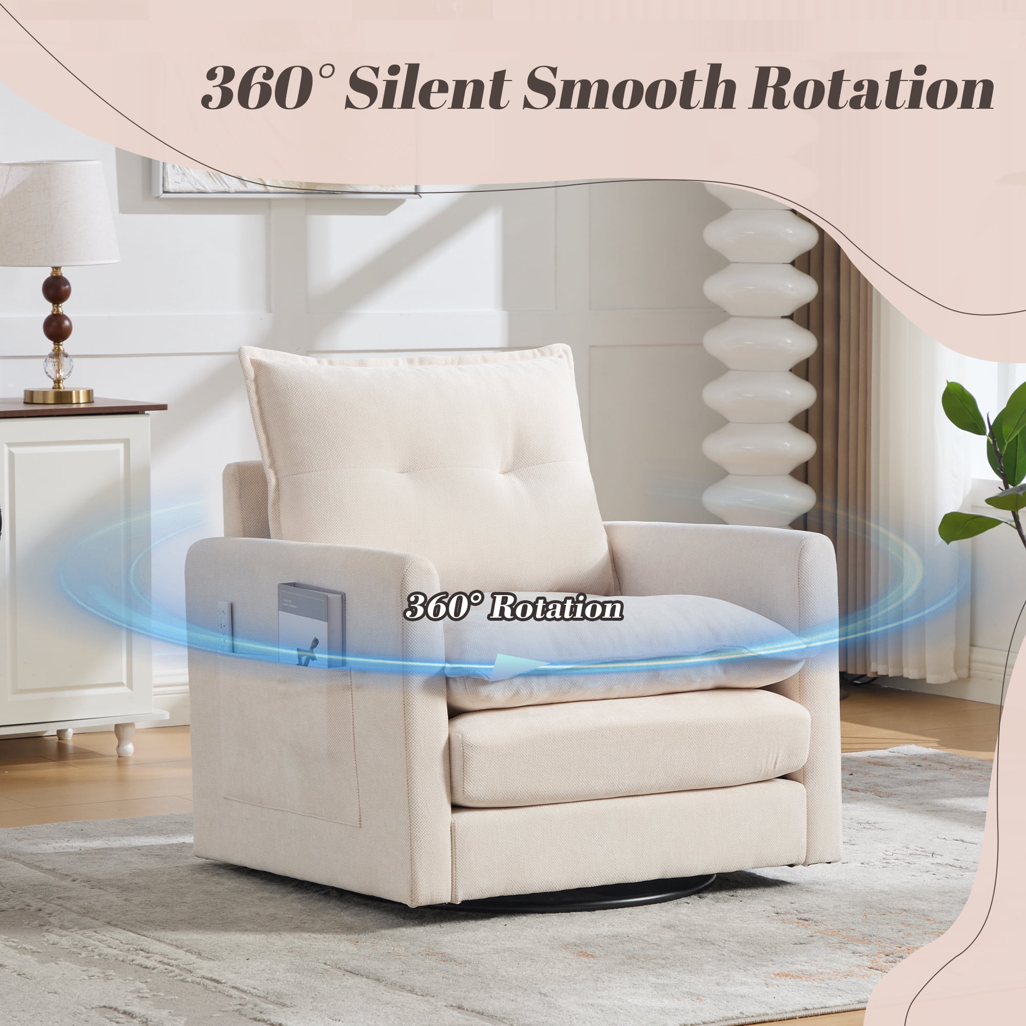 Leumius Swivel Accent Chair,Mid Century Modern Chenille Armchair with Thick Padded and Metal Base,Swivel Single Sofa Chair Barrel Reading Chair for Living Room Bedroom,Beige