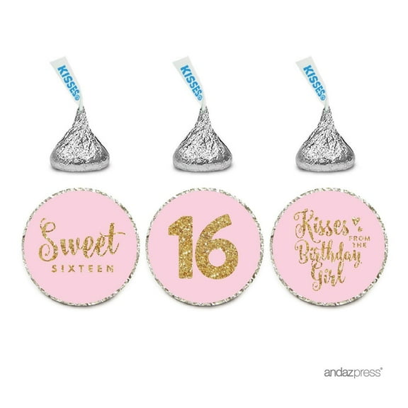 Chocolate Drop Labels Trio, Fits Hershey's Kisses, Sweet 16 Birthday, Blush Gold Glitter, 216-Pack