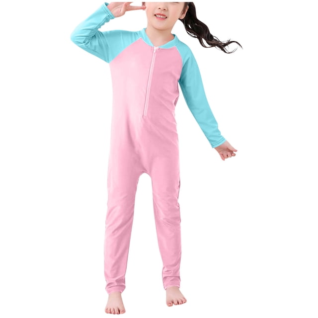 Girls Rash Guard Surfing Bathing Suit Color Block Zipper Front Long Sleeve One Piece Swimsuits for Kids 3-10 Y