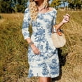 thumbnail image 3 of Blue And White Toile De Jouy Print Women's 3/4 Sleeve Dresses Elegant A-Line Midi Dress Flare Summer Casual Sundress, 3 of 9