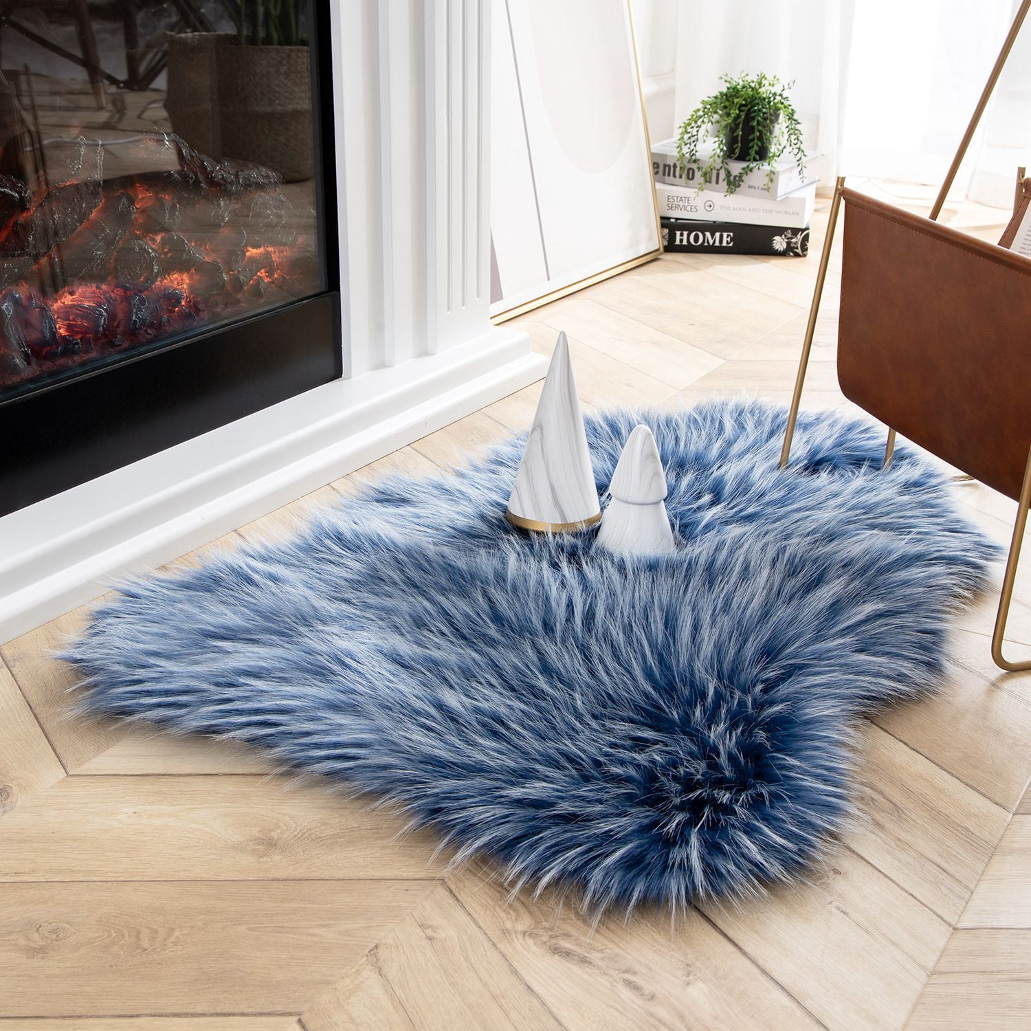 Phantoscope Faux Sheepskin Fur Area Rug, Soft Fluffy Faux Fur Carpet, Dark Blue, 2 x 3 ft, Irregular Shape