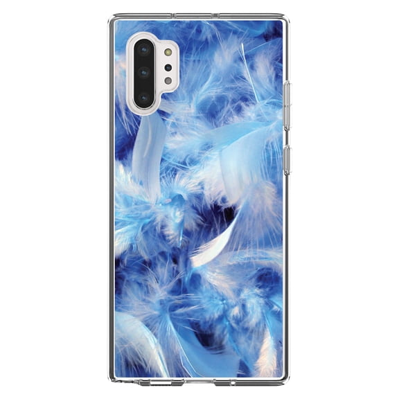 DistinctInk Clear Shockproof Hybrid Case for Galaxy Note 10 PLUS (6.8" Screen) - TPU Bumper, Acrylic Back, Tempered Glass Screen Protector - Blue Feathers