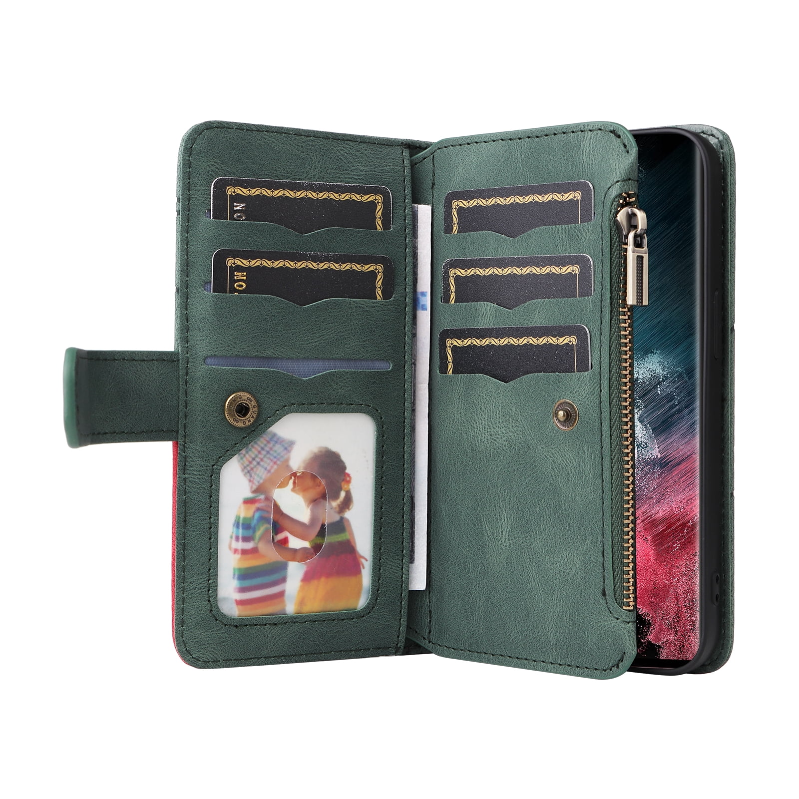 Dteck for Samsung Galaxy S23 Case 2023 6.1 Inch Wallet with 9 Card Slots, Zipper Pocket PU Leather Folio Flip Phone Case with Wristlet Strap for Samsung Galaxy S23 5G,Green