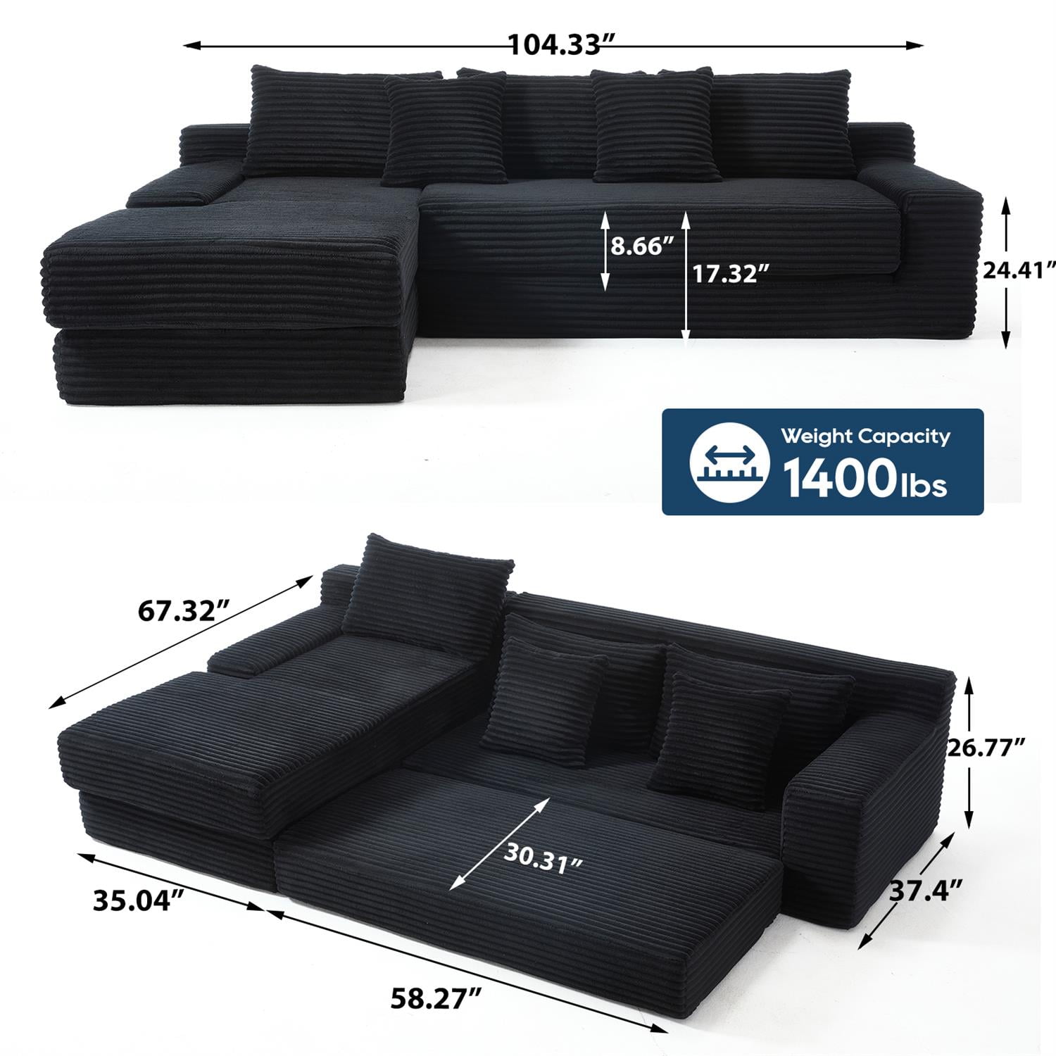 Demi Bonn 104" Convertible L-Shaped Sectional Sofa Bed with Memory Foam & Steel Frame, No Assembly Needed, Corduroy Fabric Modular Couch for Living Room, Black
