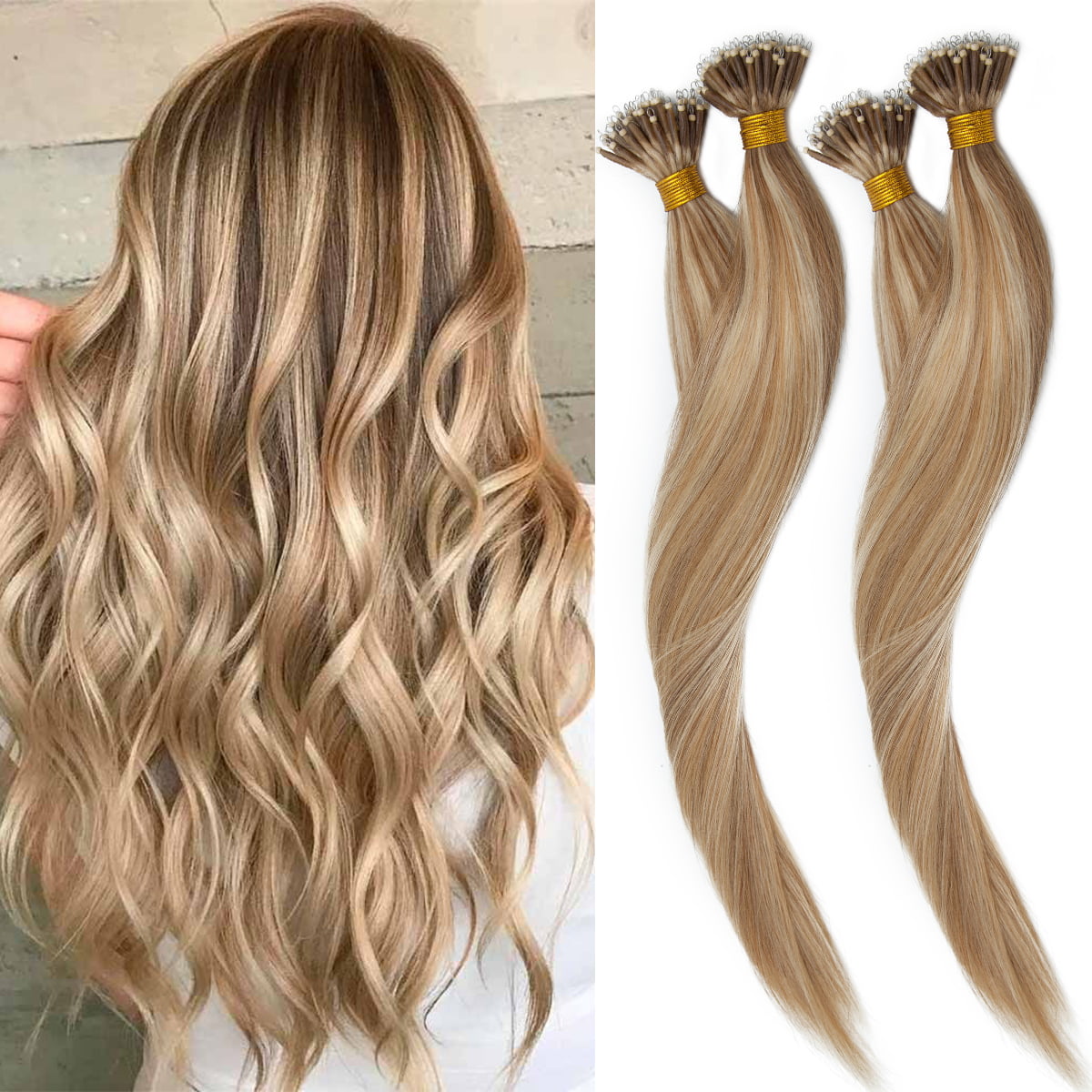Hairro Microlink Hair Extensions 100% Real Human Hair 16 Inch 50 Strands  50g 8D Micro Beads in Hairpieces Highlight #18/613 Ash Blonde Mix Bleach