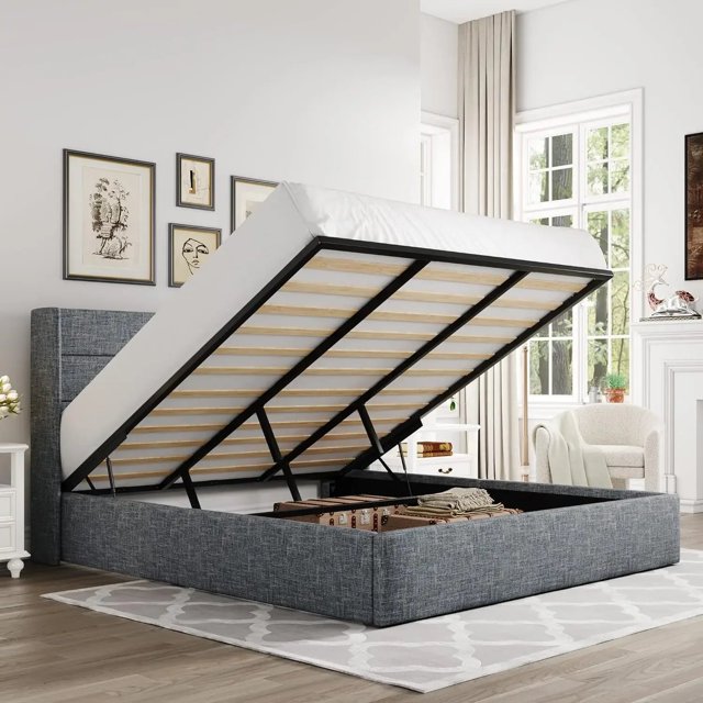 Large lift storage bed, modern wingback headboard, no springs required, easy to assemble, hydraulic storage My Lux Decor Round