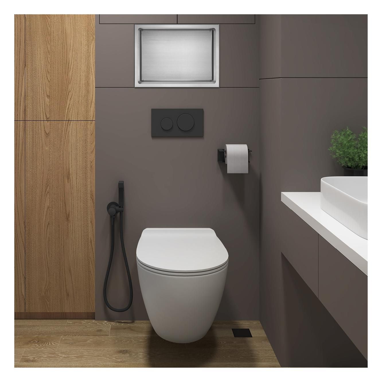 Niche de douche murale d'akuaplus® 12 po x 14 po, fait en acier inoxydable.