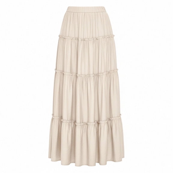 SZJXBUY Women's Flowy Maxi Skirts Early Spring High Waist Pleated Ruffle Long Skirts Flowy Beach Boho Skirt Dress Beige,M