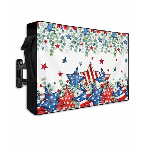 Independence Day Outdoor TV Cover 48 to 50 Inch Weatherproof, Eucalyptus Leaves Blue Red Pentagram 600D Oxford TV Covers with Waterproof Zipper, Outside Flat TV Screen Protector Size 48"Wx30"Hx4.5"D