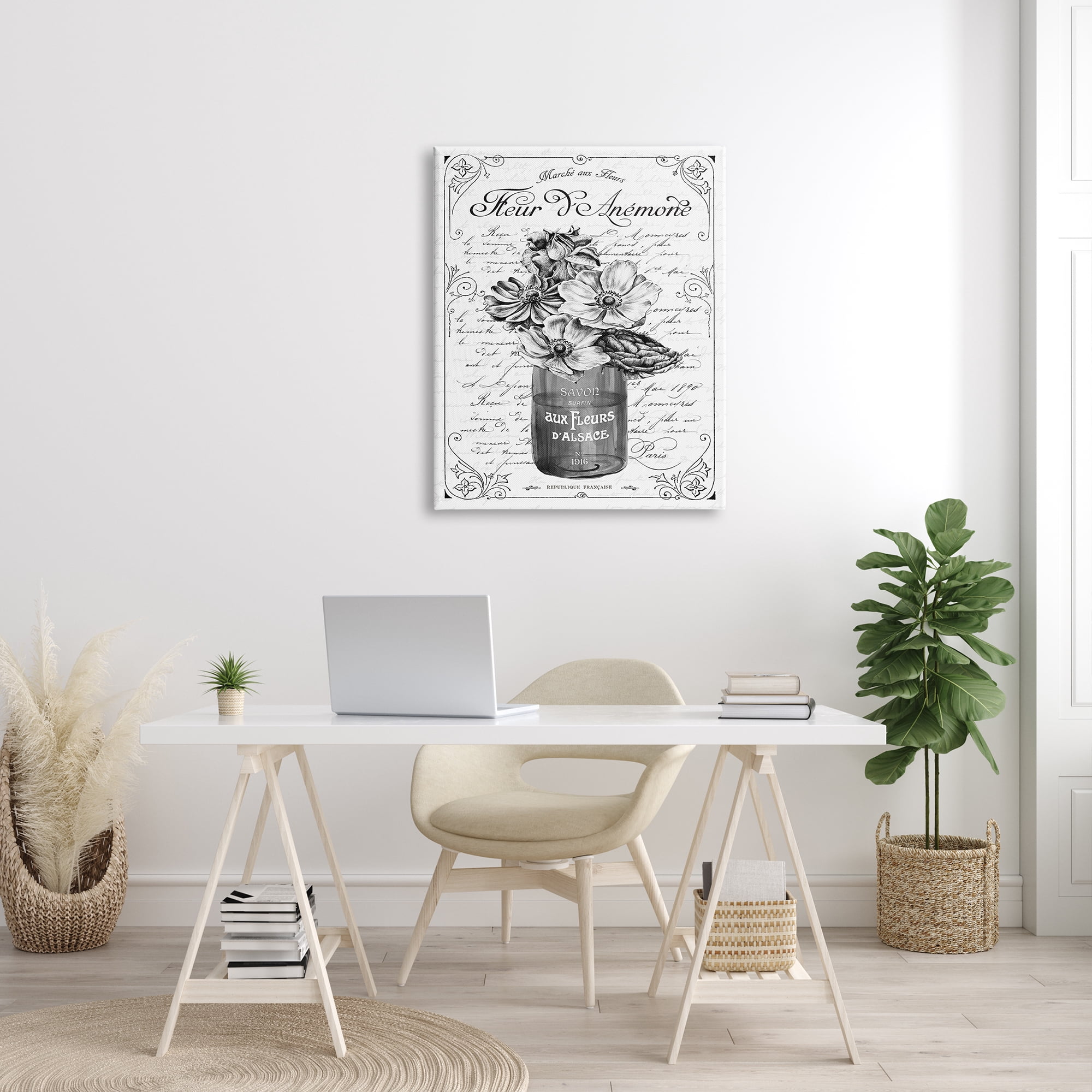 Stupell Industries Anemone Flower French Text Fancy Floral Border Graphic Art Gallery Wrapped Canvas Print Wall Art, Design by Lettered and Lined