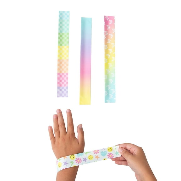 Fun Express 9" x 1" Pastel Rainbow Designs Slap Bracelet Assortment - 12 Pieces